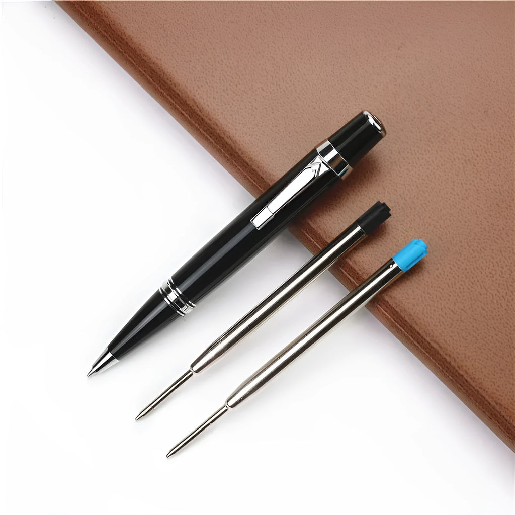 Full metal black pocket rollerball pen with 0.7mm refill and two spare refills