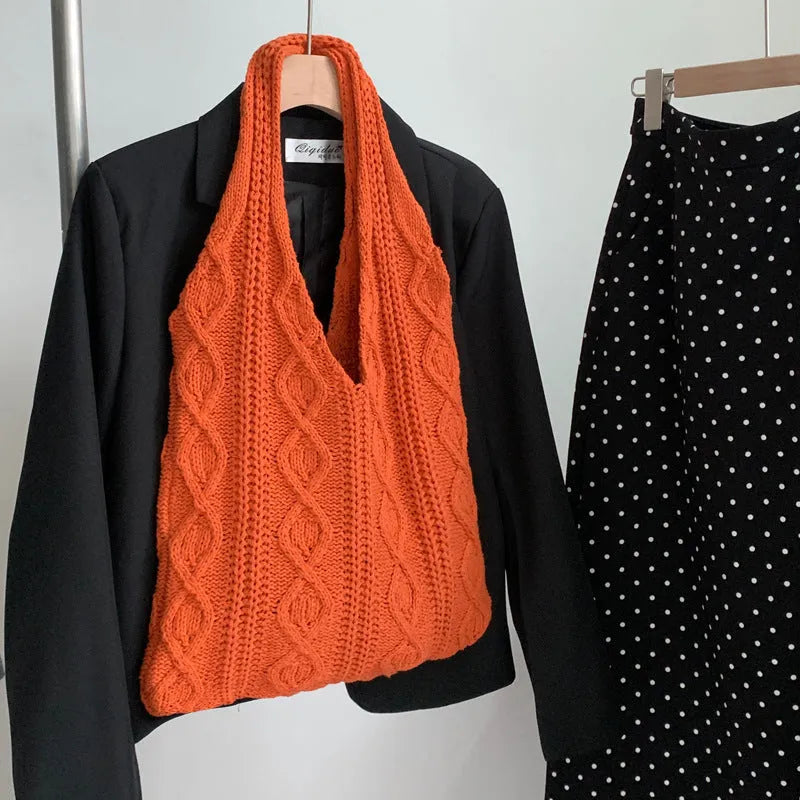 Retro hollow knitted polyester shoulder tote bag in large 55cm size with double straps.
