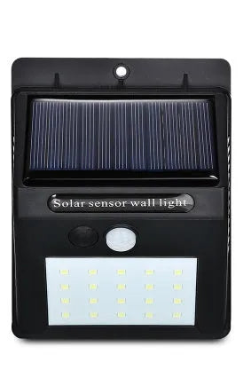 Solar sensor light with 20 LED beads and infrared sensor on a wall in outdoor setting