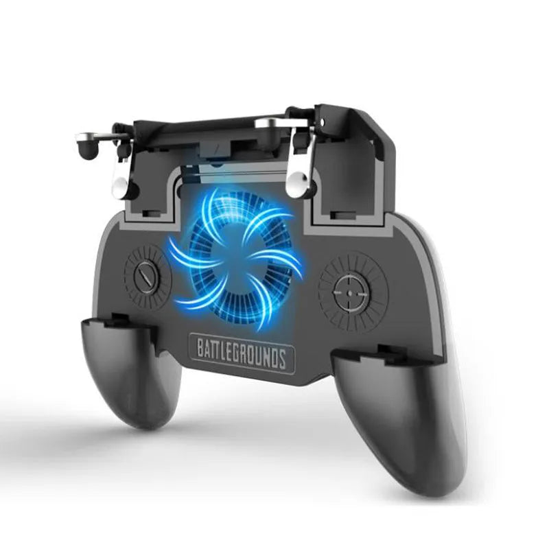 A black mobile game controller for smartphones with a USB connector, showing grip and shot buttons.