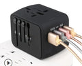Multi-function universal travel adaptor socket with USB charging, PC shell, compact design, black colour