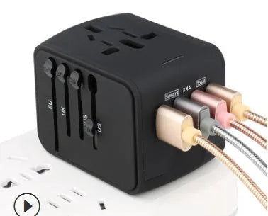 Multi-function universal travel adaptor socket with USB charging, PC shell, compact design, black colour