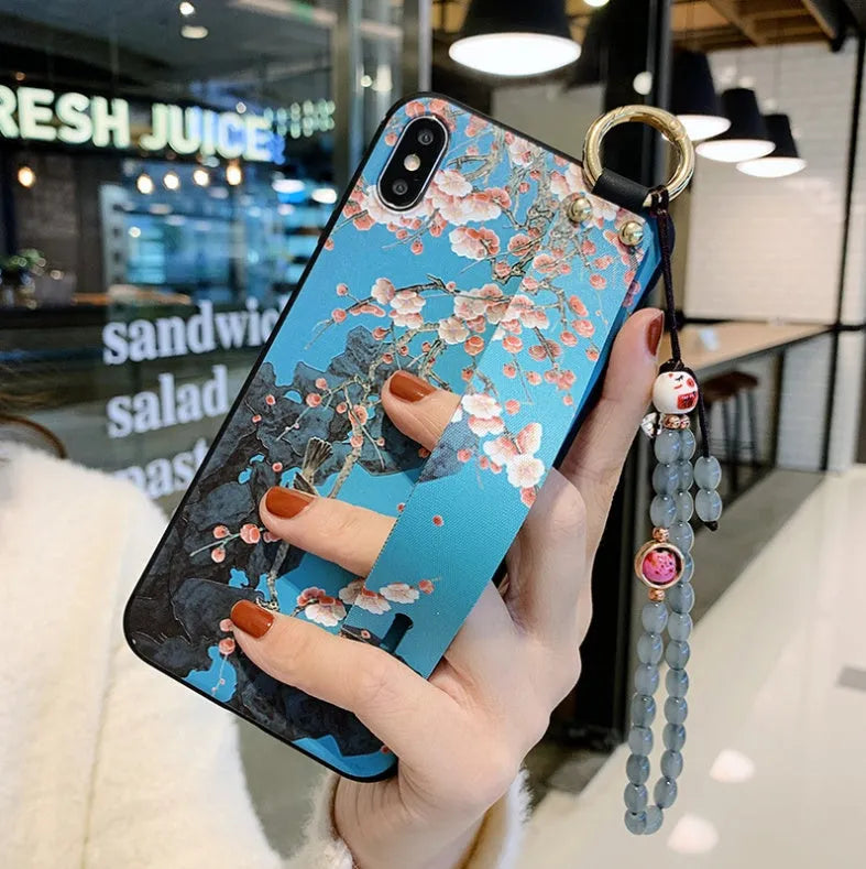 Rose flower design wrist strap phone case compatible with iPhone models in multiple style options