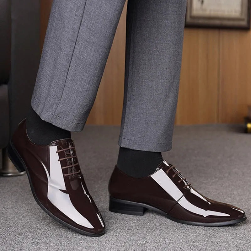 Men's black and brown business formal shoes with pointed toe design in artificial PU material