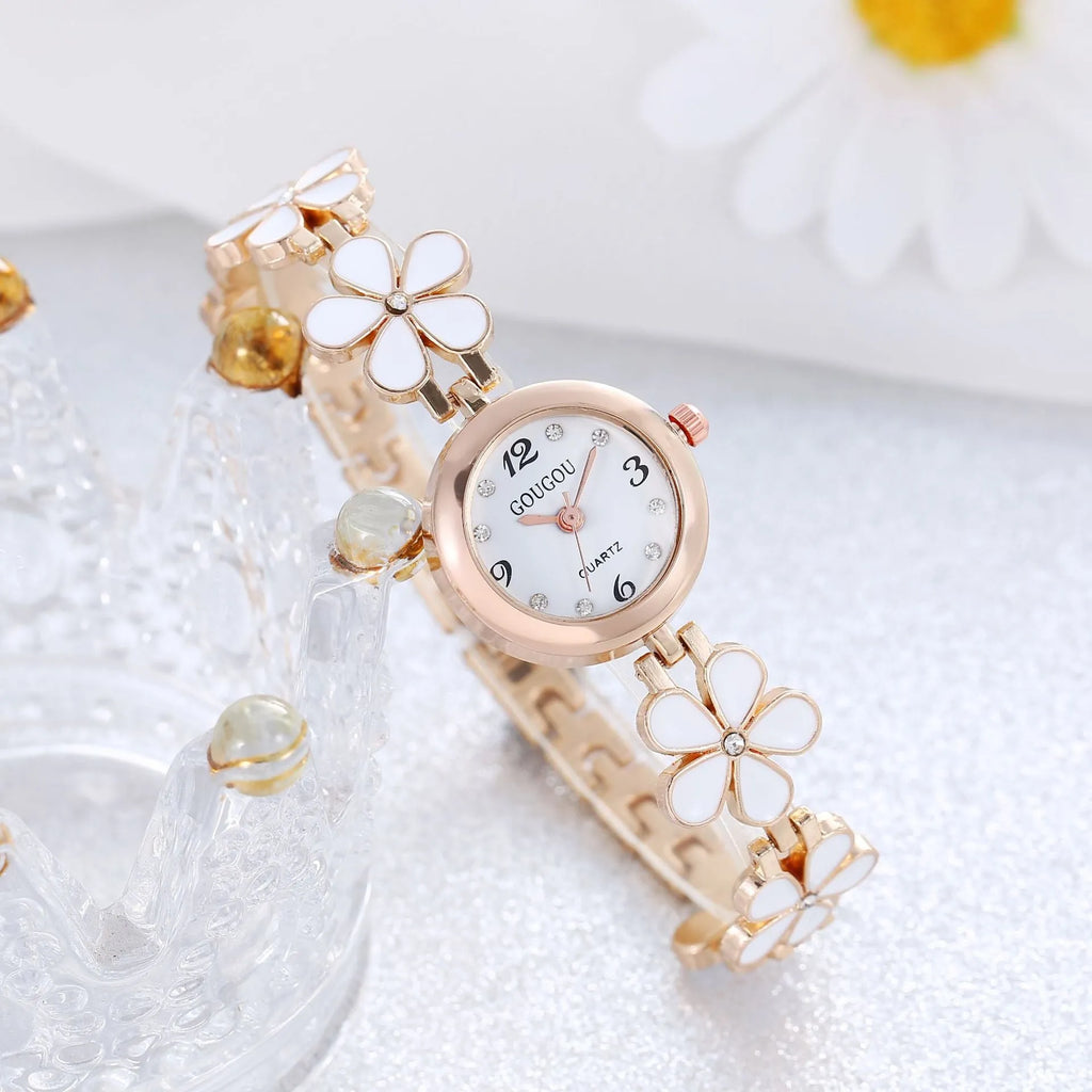 Ladies petal patterned quartz watch with alloy case and matching bracelet in white colour option
