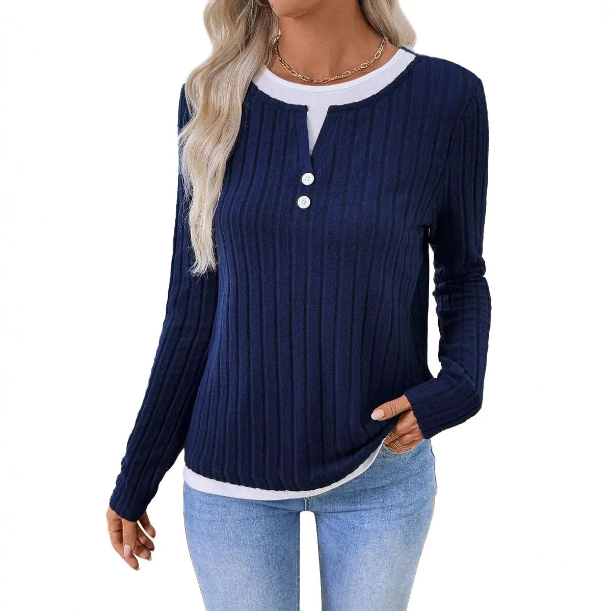 Women's concave stripe polyester pullover sweater with fake two-piece button detail in street fashion style