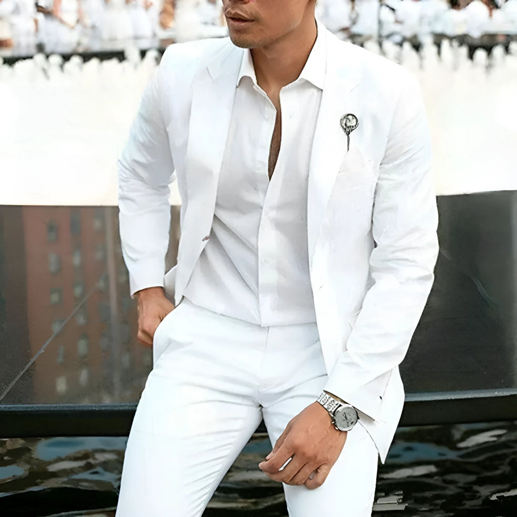 White slim fit two-piece men's wedding suit for groomsmen