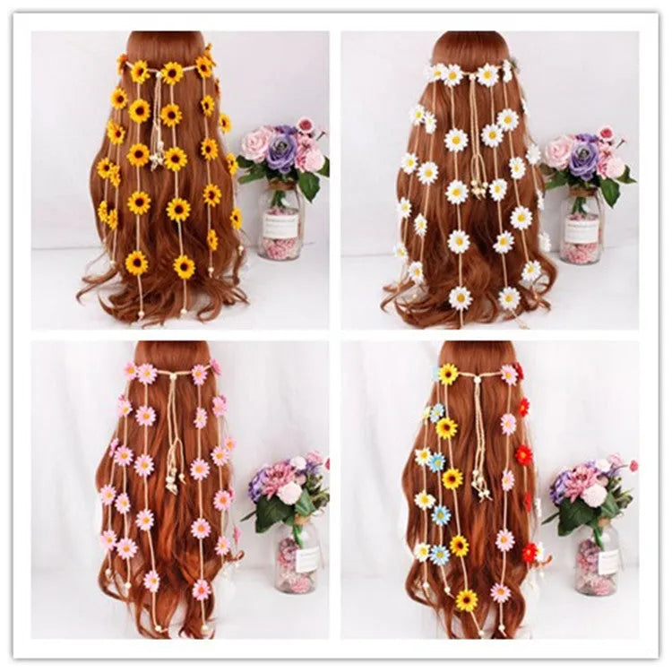 Handmade sunflower headband garland with Korean velvet, wooden beads, and plaid pattern in yellow, white, beige, or pink.