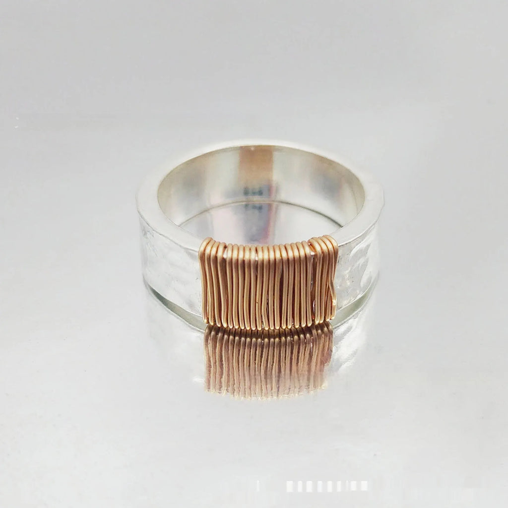 Copper unisex geometric ring with irregular coil design, silver gold electroplated finish, wide face, sizes 5 to 11