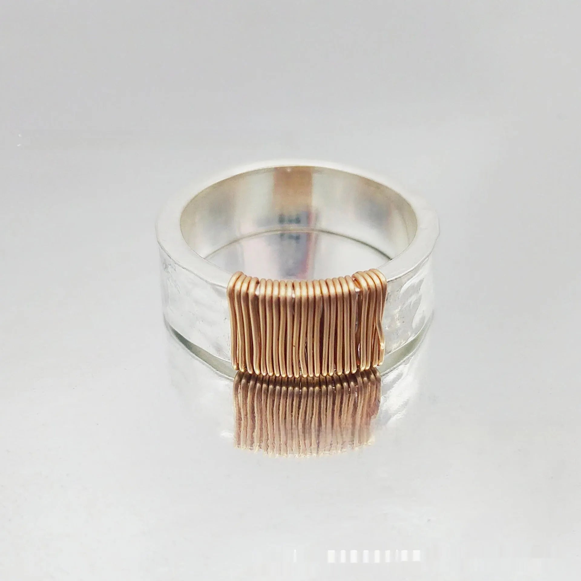 Copper unisex geometric ring with irregular coil design, silver gold electroplated finish, wide face, sizes 5 to 11