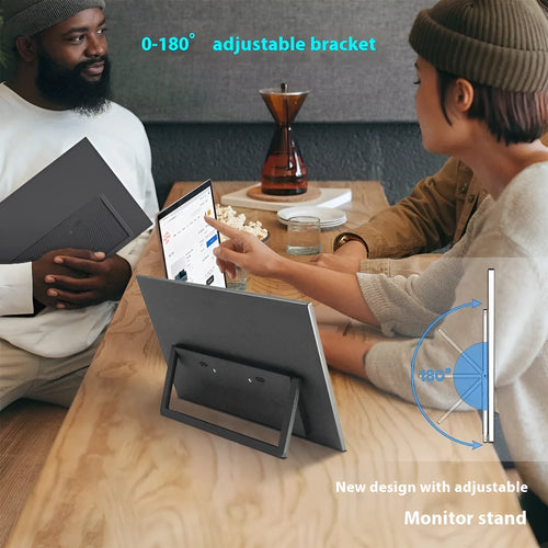 Black 15.6 inch portable IPS monitor with stand showing Full HD resolution display