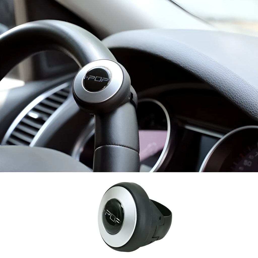 Car steering wheel spinner knob in black with metal fixing ring and screw for one-handed driving assistance