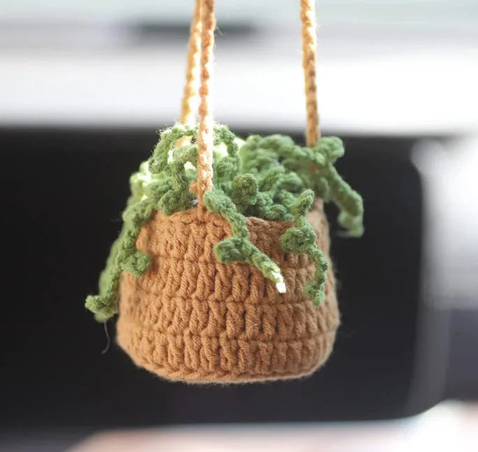 Knitted wool car plant decoration with green and white pattern, 8cm basin and hanging cord