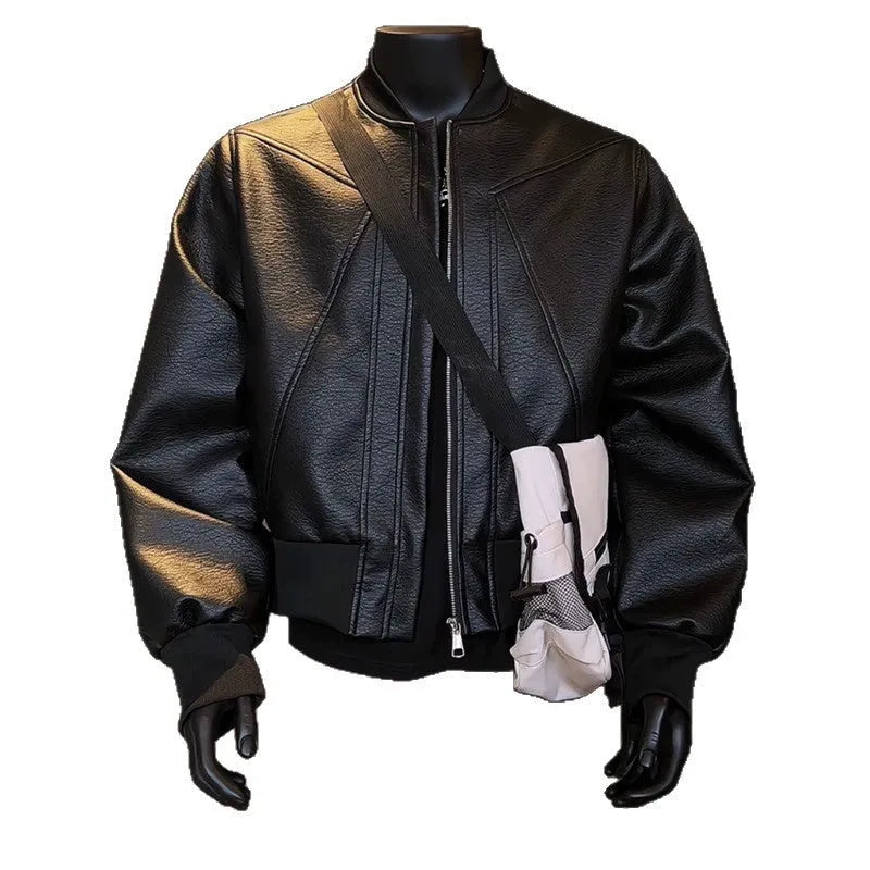 Men's black PU litchi leather jacket with extended 100cm length and tight business fit
