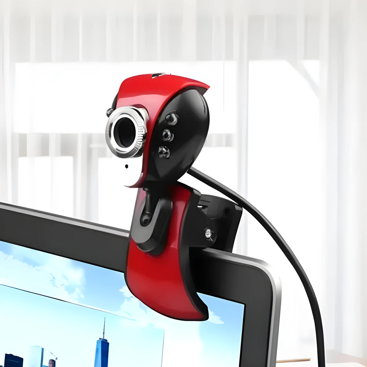 USB computer camera in red and black with CMOS sensor, 640x480 video, F6.0mm lens, and 84g weight