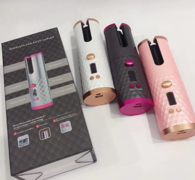 A white portable automatic curling iron with a USB charging port and gold ceramic barrel.