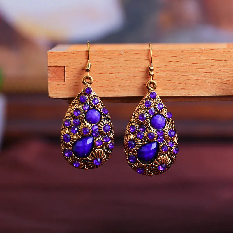 Water drop gem ancient ethnic style earrings in alloy with electroplated finish, drop shape, multiple colour options including black and blue