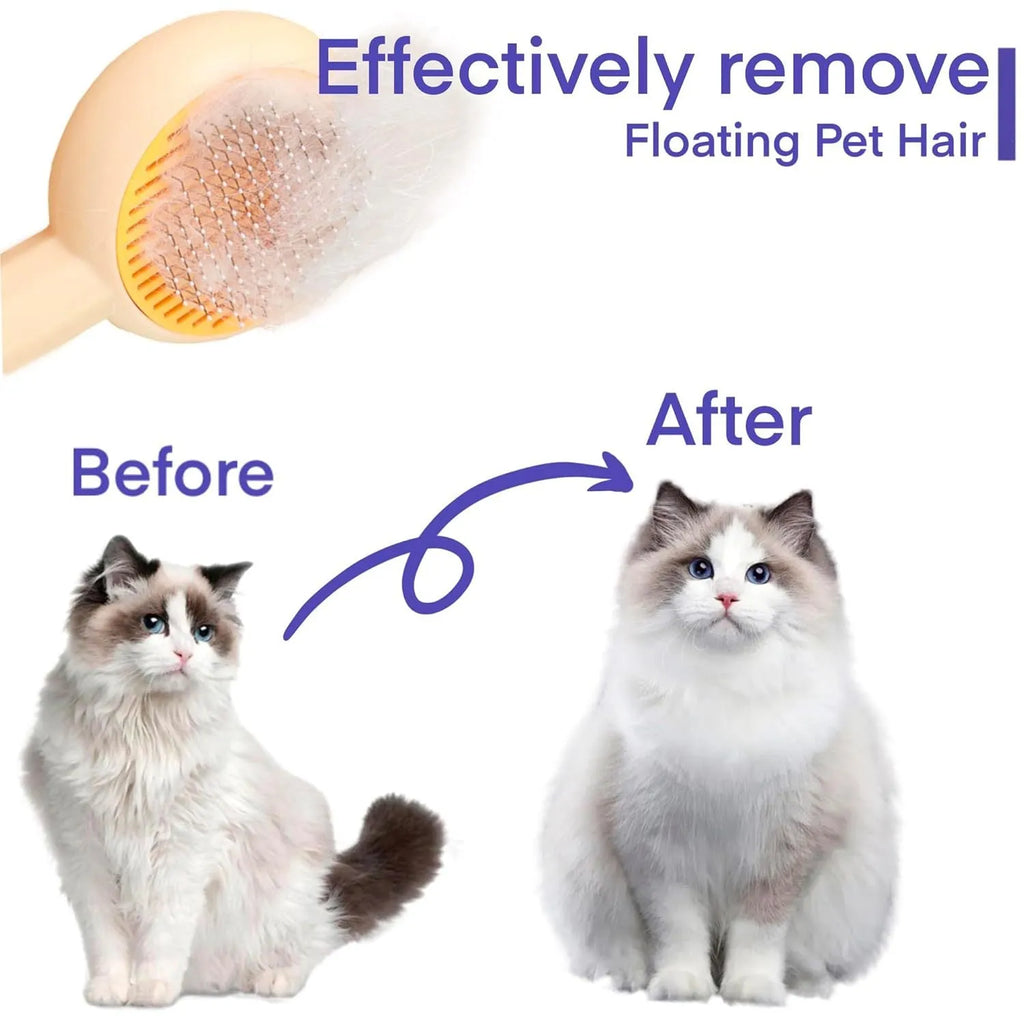 Blue and yellow pet grooming brush with angled bristles and self-cleaning button