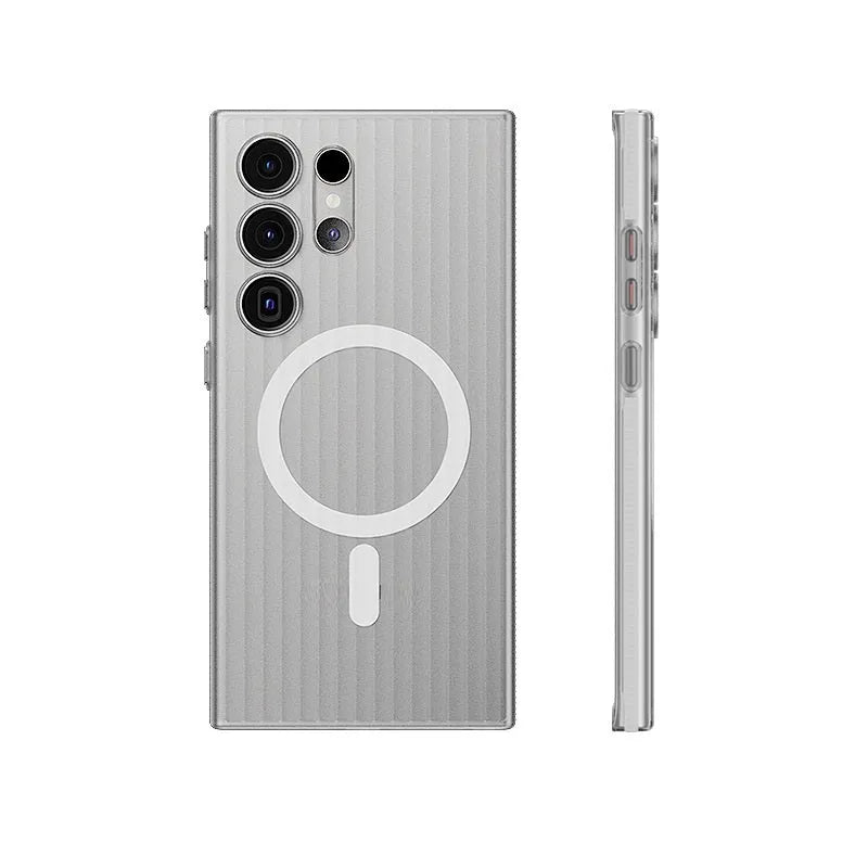 Samsung magnetic frosted PC phone case in Gulf blue and frosted white for S24 and S24 Ultra.