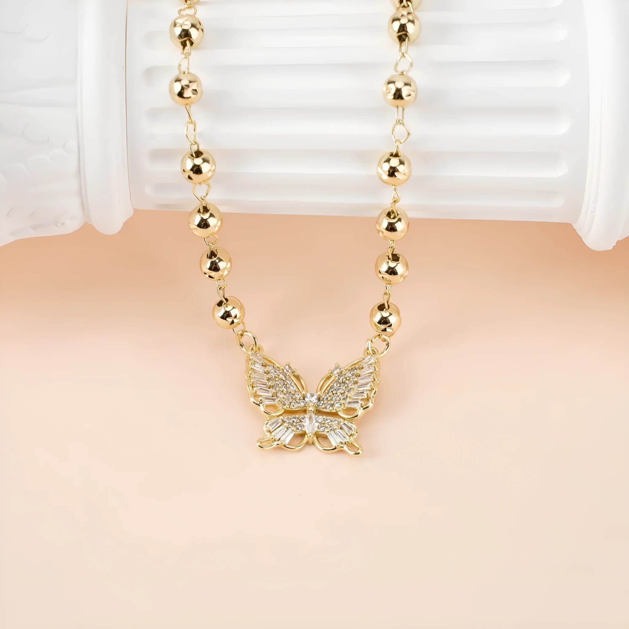 Gold butterfly pendant necklace with zircon inlay, adjustable stainless steel chain, simple style for women