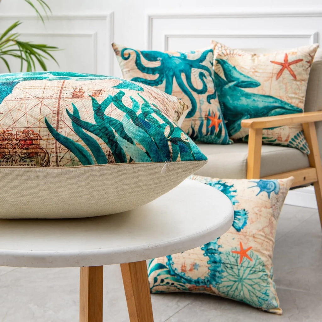 45cm square linen cushion cover with sea turtle pattern and invisible zipper