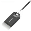 Small black and silver metal USB flash drive showing miniature size