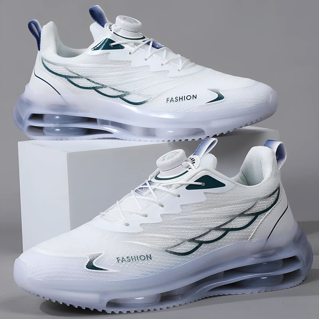 White men's casual shoes with rotating button closure and mesh upper