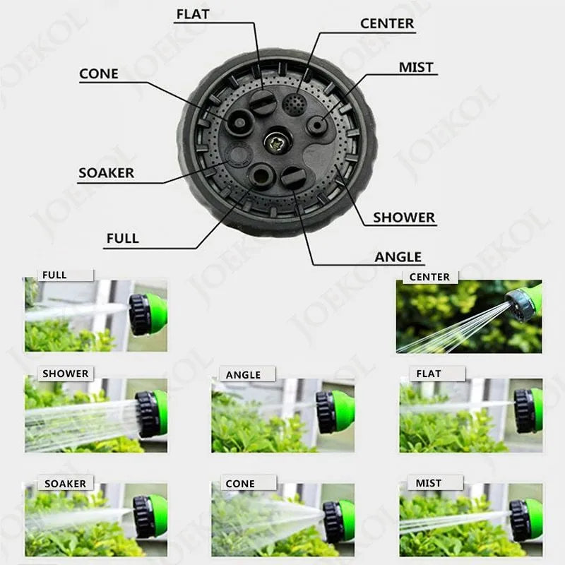 Expandable magic flexible water hose in black laid on grass showing compact initial length and stretched working length