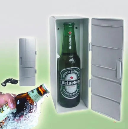Mini USB fridge with open door showing cans and bottles inside, dimensions 12x8.5x25cm