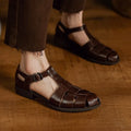 Women's low heel cage sandals in genuine leather with chunky heel and rubber sole, sizes 34-39