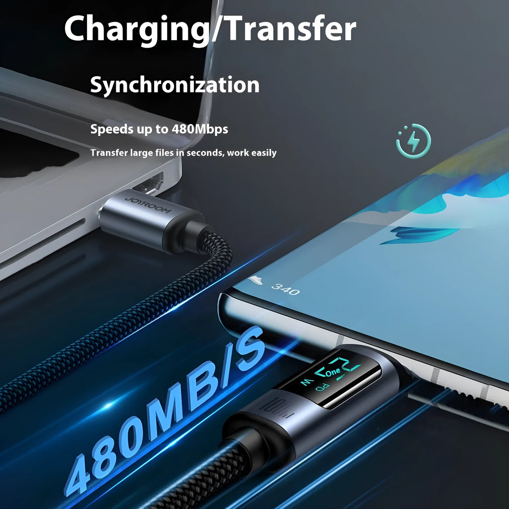 PD20 66W fast charge braided aluminium alloy digital display data cable in black with TypeC connector