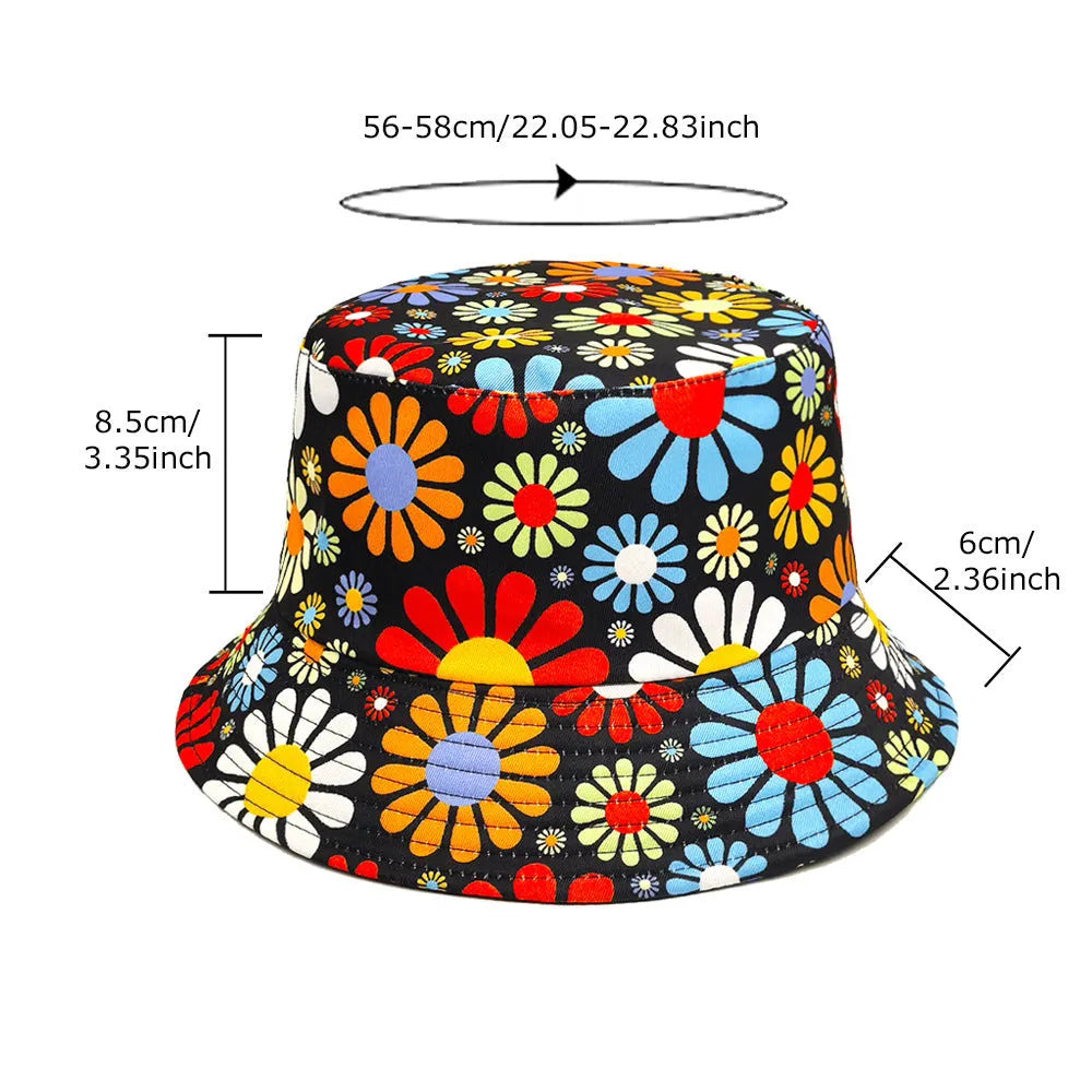 Colourful flower print polyester bucket hat with dome crown for sun protection