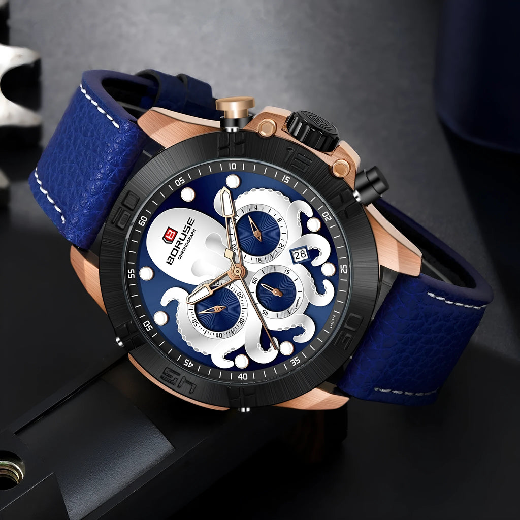 Octopus men's waterproof luminous quartz watch in black or blue colour options