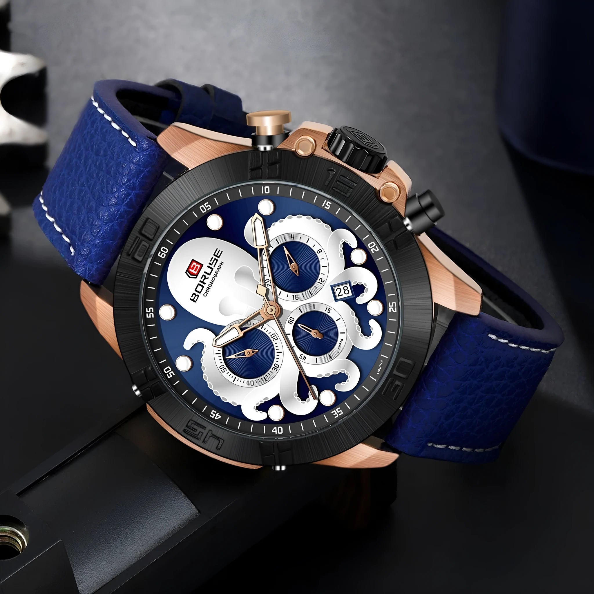 Octopus men's waterproof luminous quartz watch in black or blue colour options
