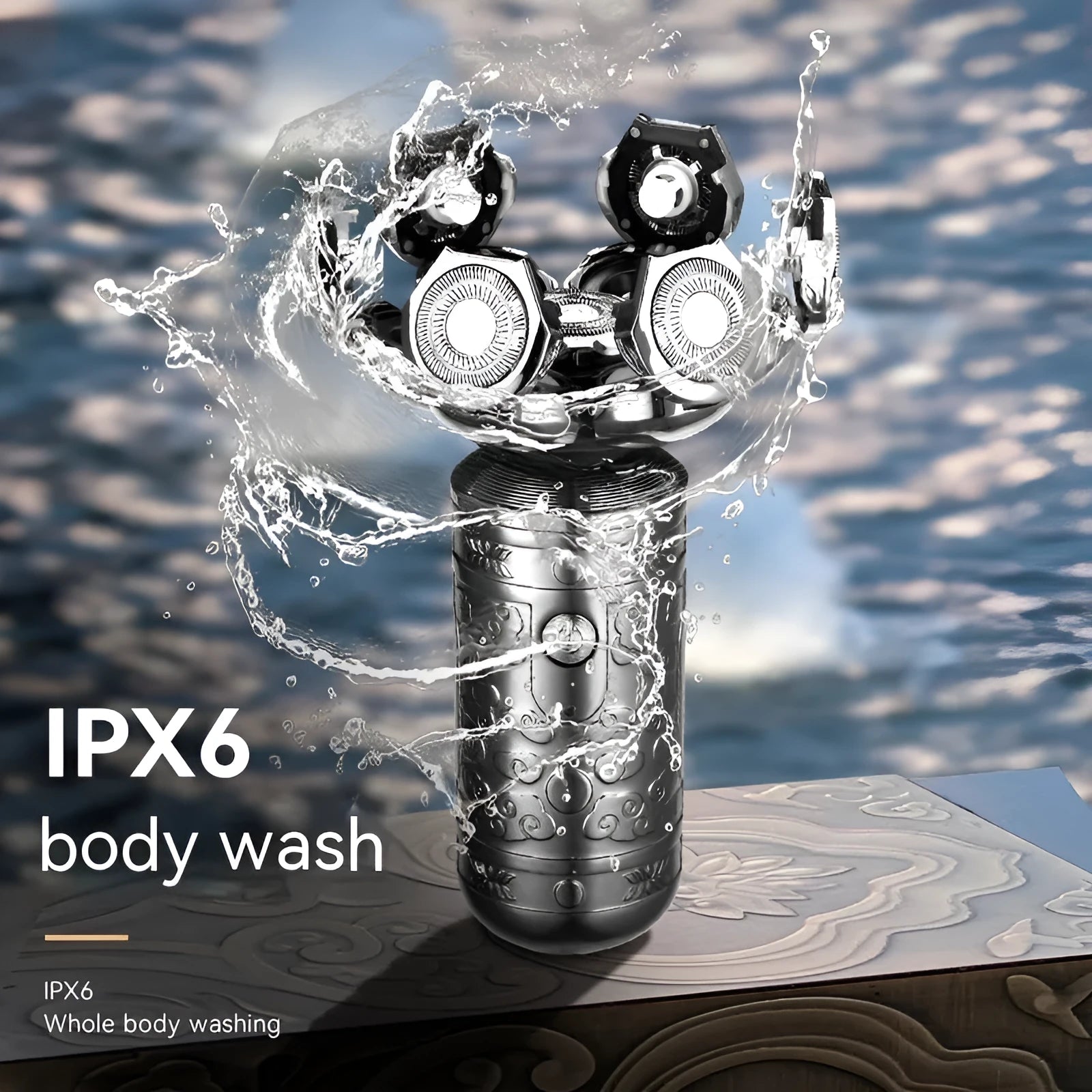 Zinc alloy electric shaver in silver and black with floating cutter head and USB charging port