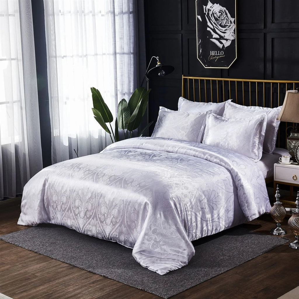 Three-piece polyester bedding set, reactive printed plain weave, sheet type, flower pattern in blue grey pink purple white