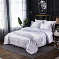 Three-piece polyester bedding set, reactive printed plain weave, sheet type, flower pattern in blue grey pink purple white