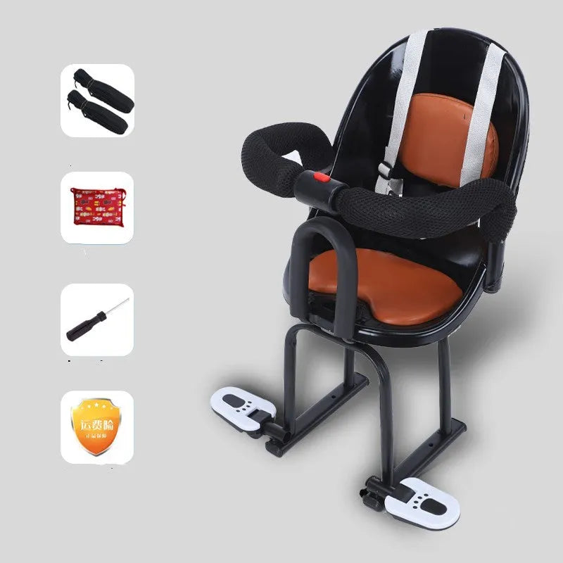 Front seat for children attached to a baby battery scooter, shown in black, red, and white colour options.