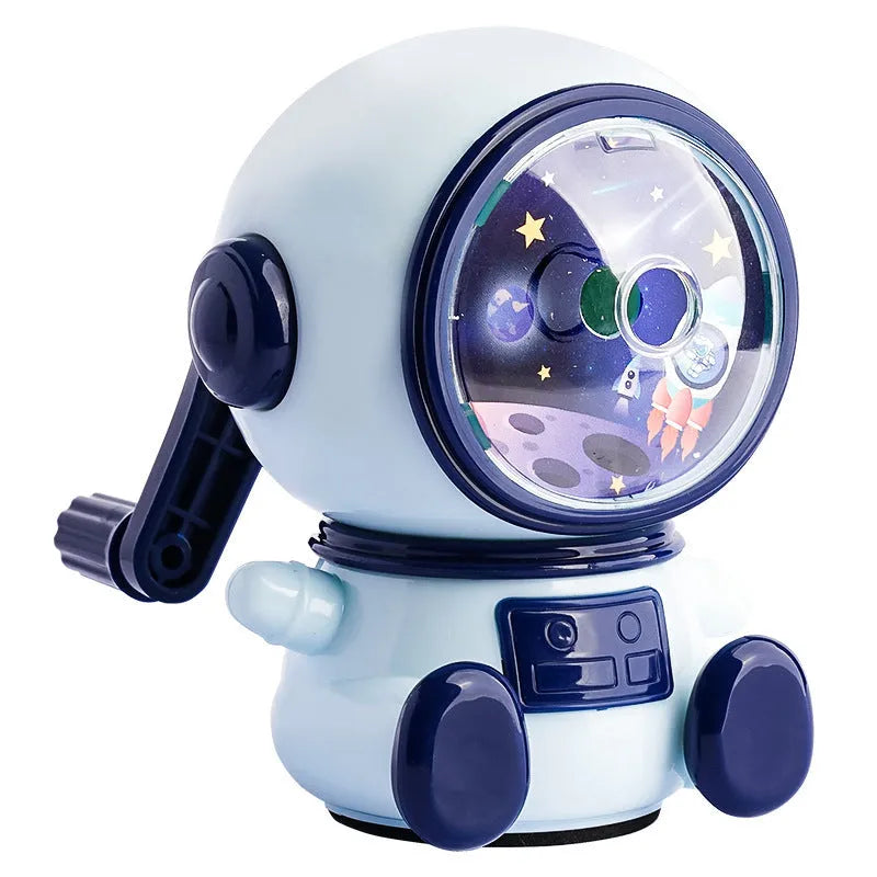 Blue astronaut themed manual pencil sharpener with anti-jam technology