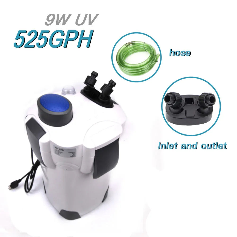 HW-304B external canister filter with UV lamp for aquarium water purification, 525 GPH, 200 gallon