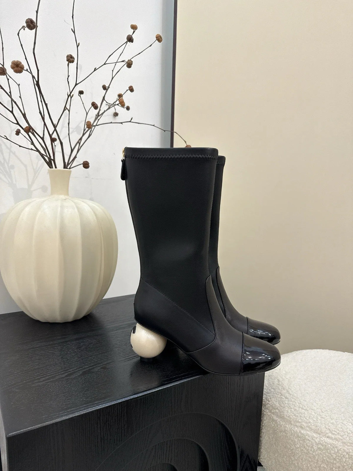 Women's chunky heel ankle boots in apricot with round toe, back zipper, and sheepskin lining