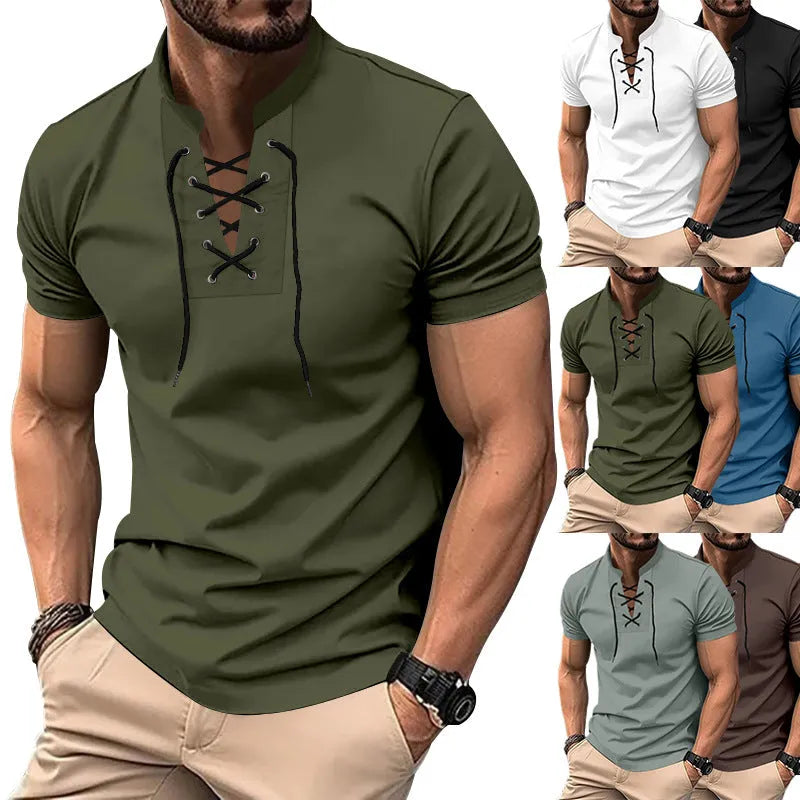 Men's loose fit V-neck V-tie short sleeve polyester T-shirt in solid colour, front view