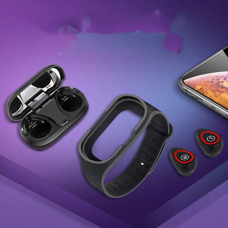 Smart bracelet earphone combo with 1-inch screen and silicone wristband in black on a flat surface