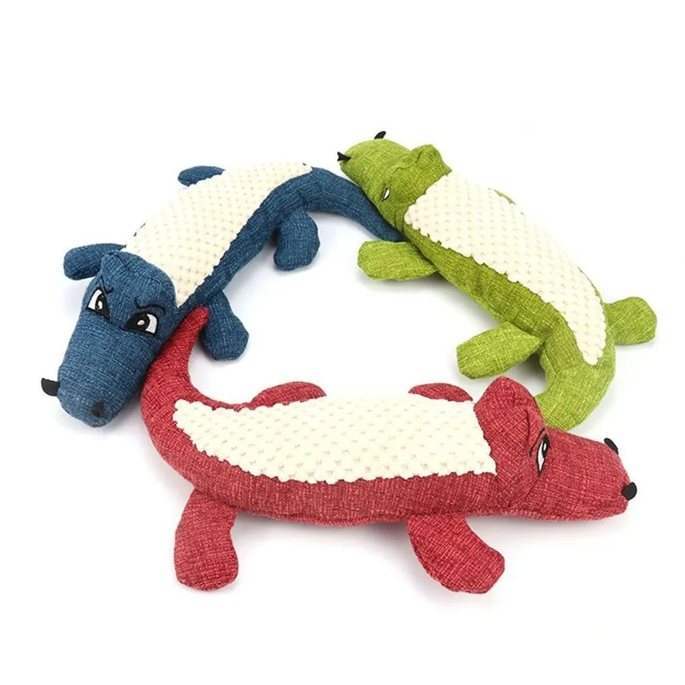 Plush squeaky dog toy in blue with linen fabric, 29cm length, on white background