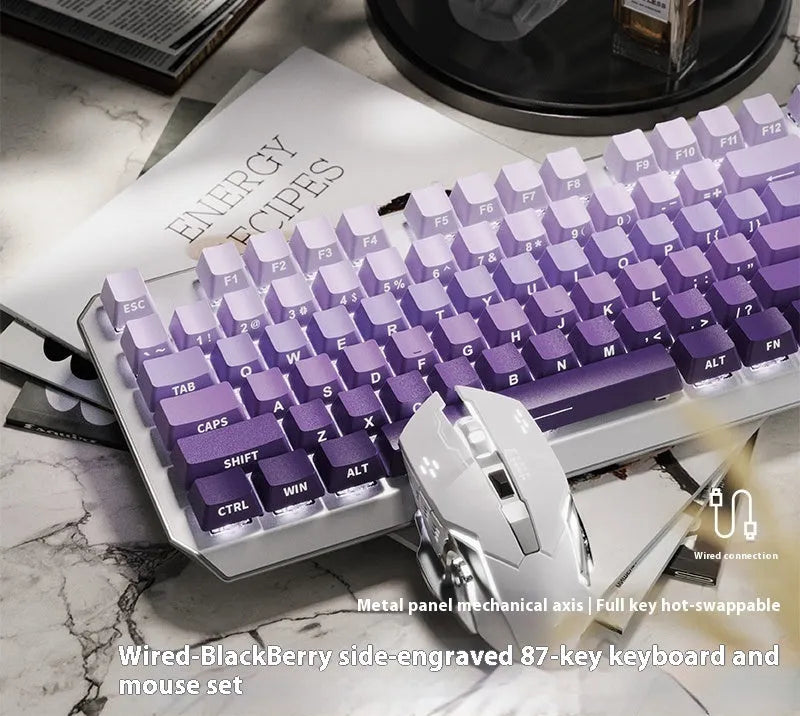 Silver white 87-key wired mechanical keyboard with side engraving and white backlight on a desk