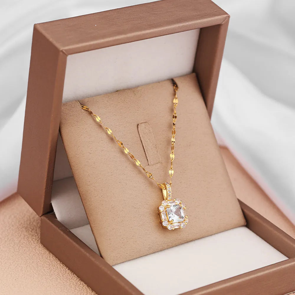 Women's titanium steel clavicle chain necklace with geometric pendant and mixed gemstone inlays