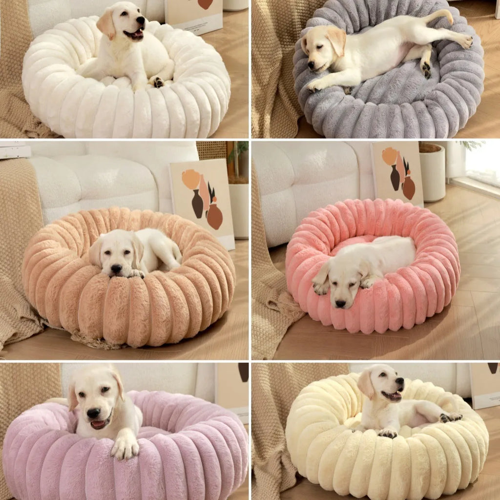 Round long plush dog bed in gray on floor, super soft warm pet sofa with raised edges