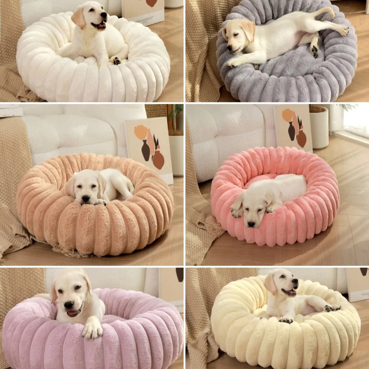 Round long plush dog bed in gray on floor, super soft warm pet sofa with raised edges