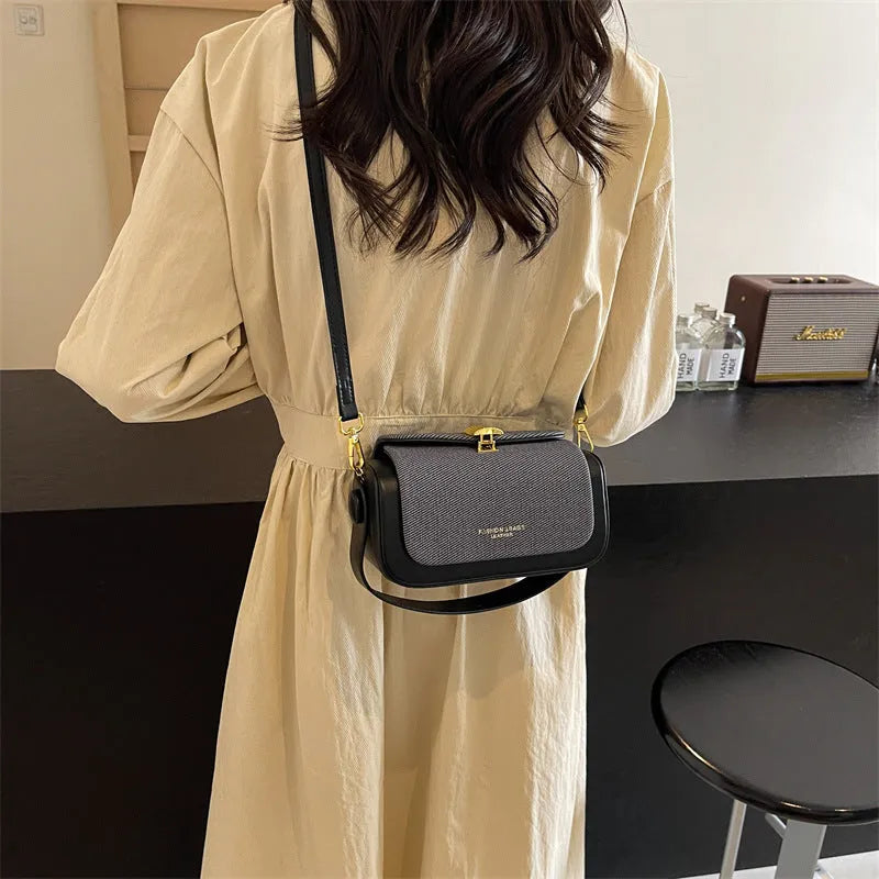 Women's square PU messenger bag in beige with contrast stitching and a single shoulder strap.