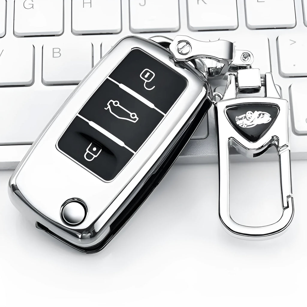 VW Model A car key case in four colours: blue, pink, red, and silver with buckle attachment